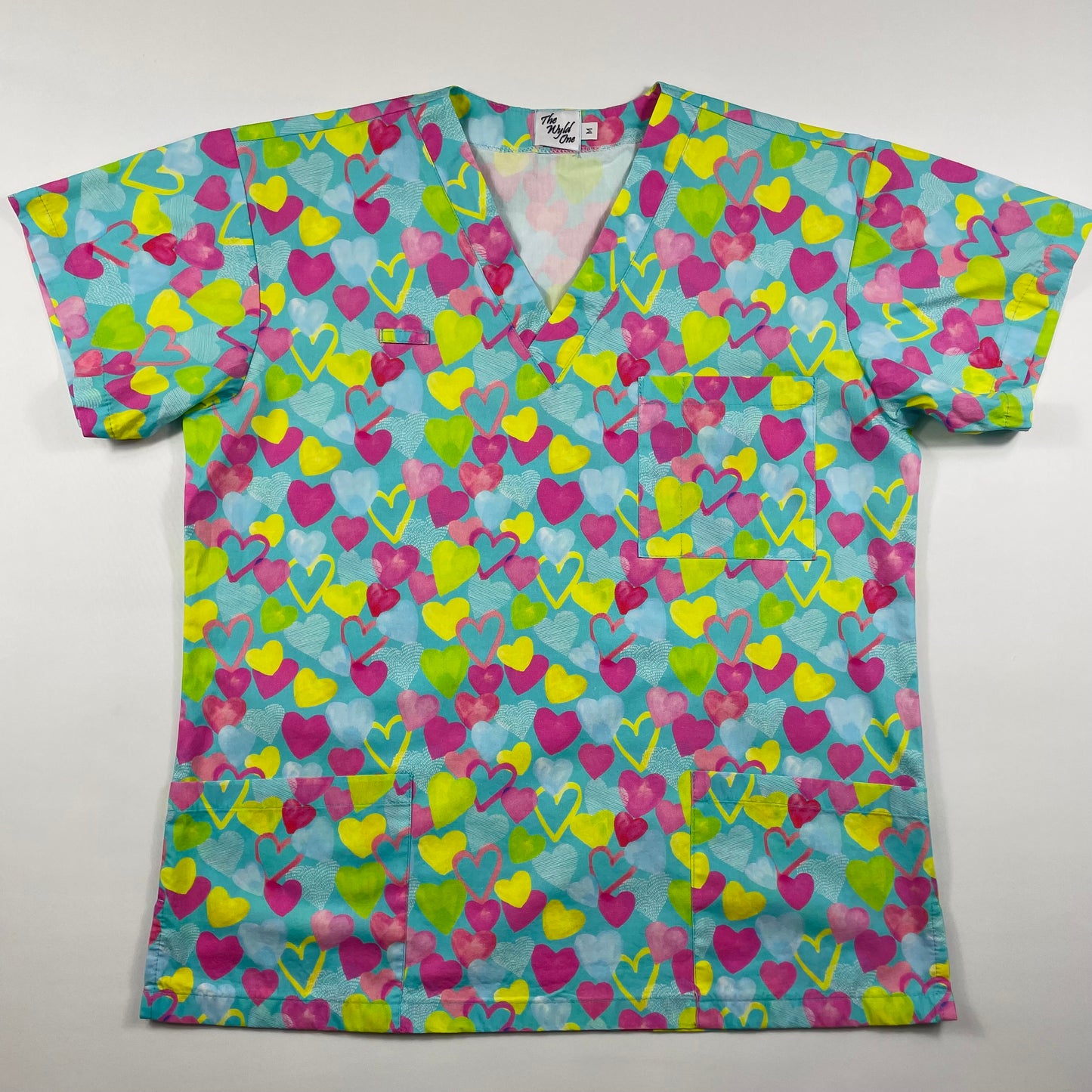 Rainbow Hearts Fun Scrub Top - last sizes relaxed fit XS & S!
