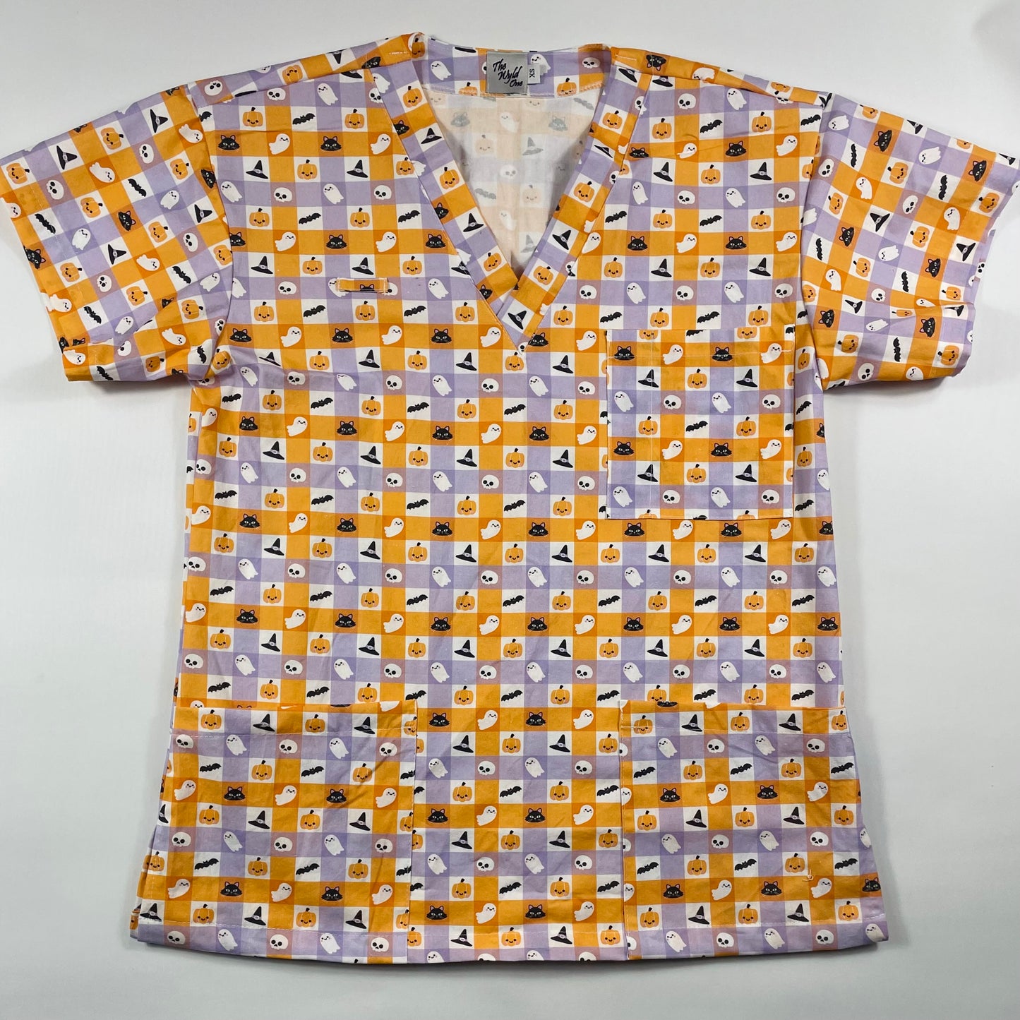 Spooky Gingham Fun Scrub Top - last one Relaxed fit XS! (Copy)