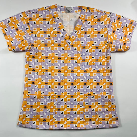 Spooky Gingham Fun Scrub Top - last one Relaxed fit XS! (Copy)