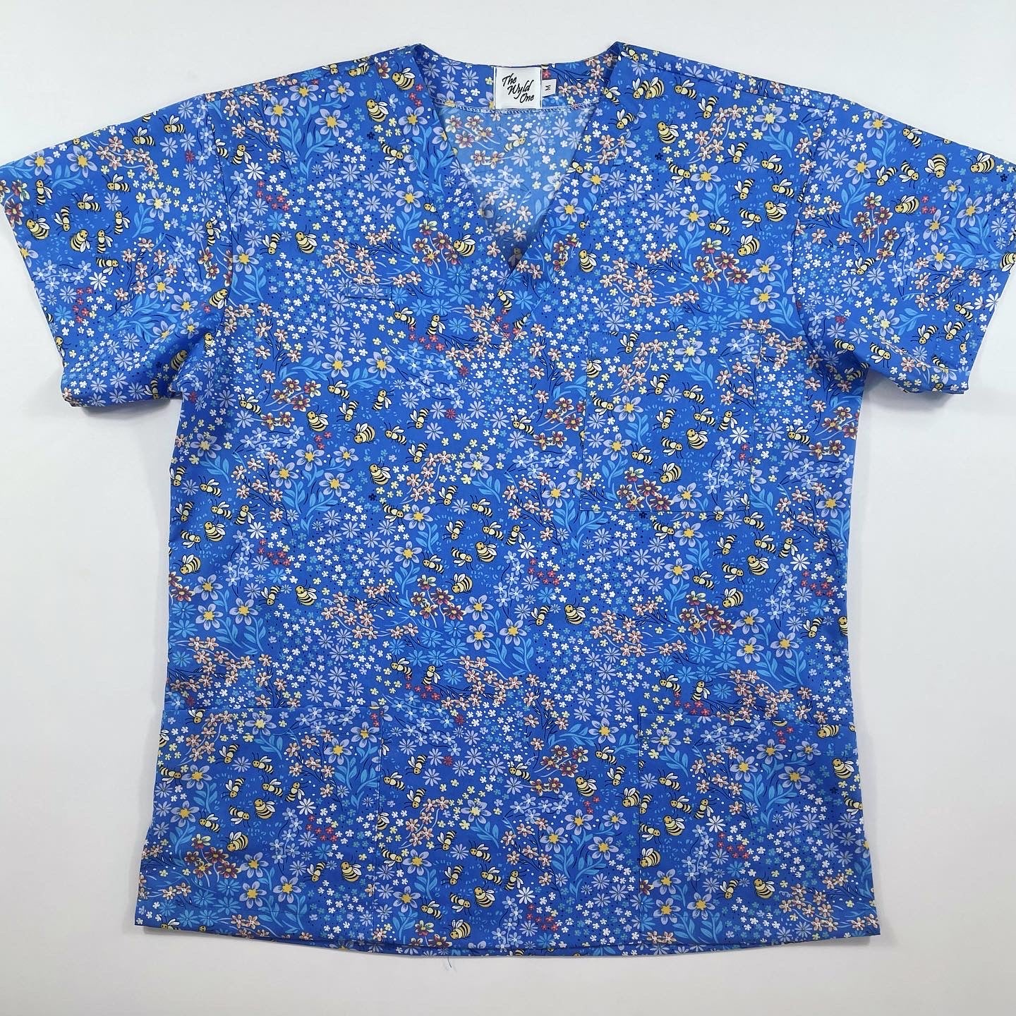 Blue Bees & Flowers Fun Scrub Top - last sizes!