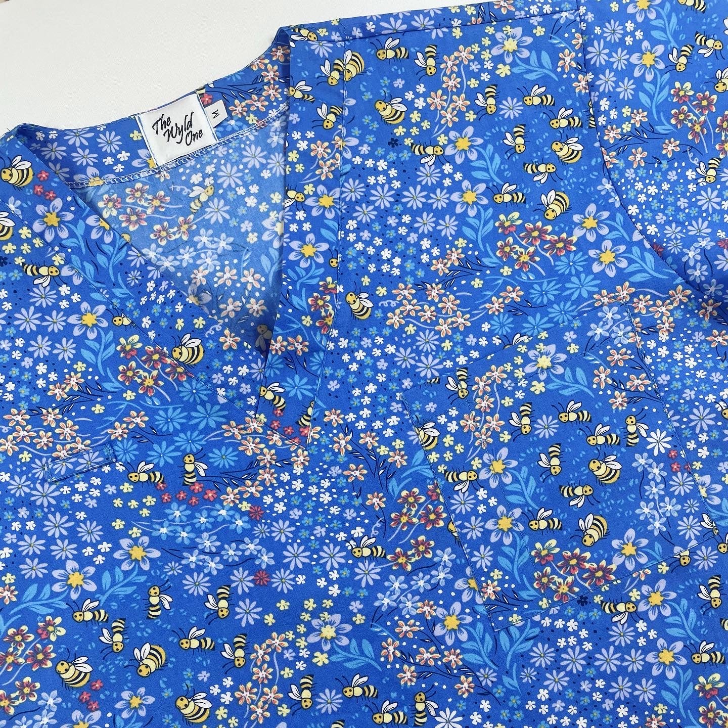 Blue Bees & Flowers Fun Scrub Top - last sizes!