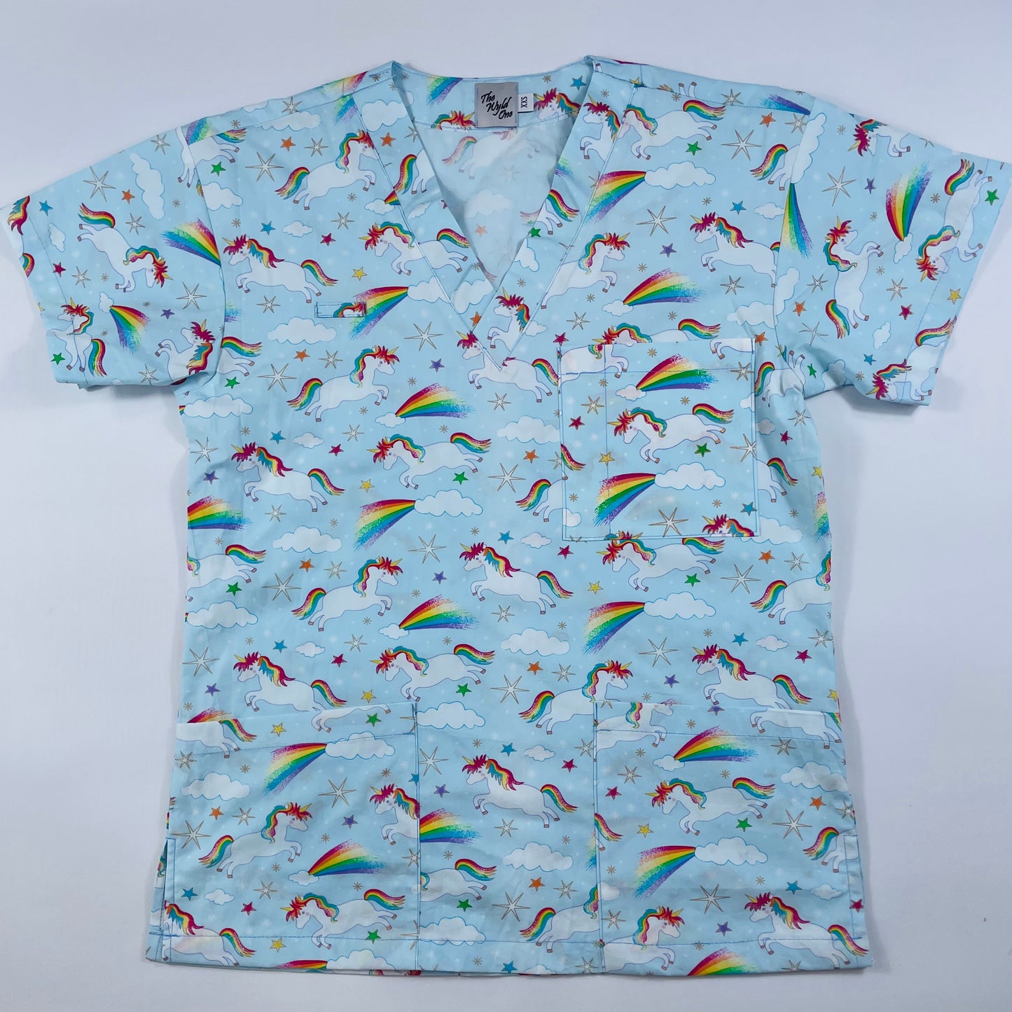 Unicorns & Rainbows with glitter Fun Scrub Top - last one Relaxed fit XXS!