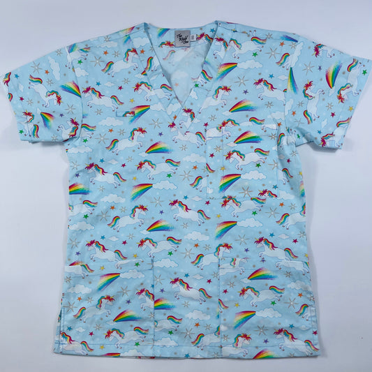 Unicorns & Rainbows with glitter Fun Scrub Top - last one Relaxed fit XXS!