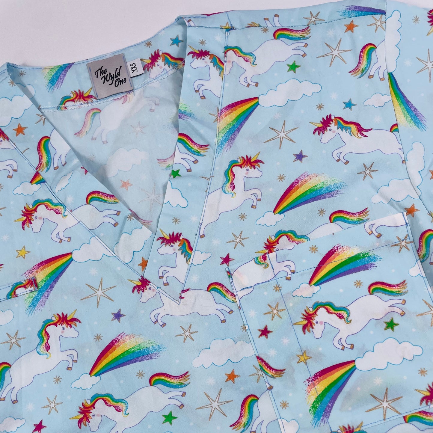 Unicorns & Rainbows with glitter Fun Scrub Top - last one Relaxed fit XXS!