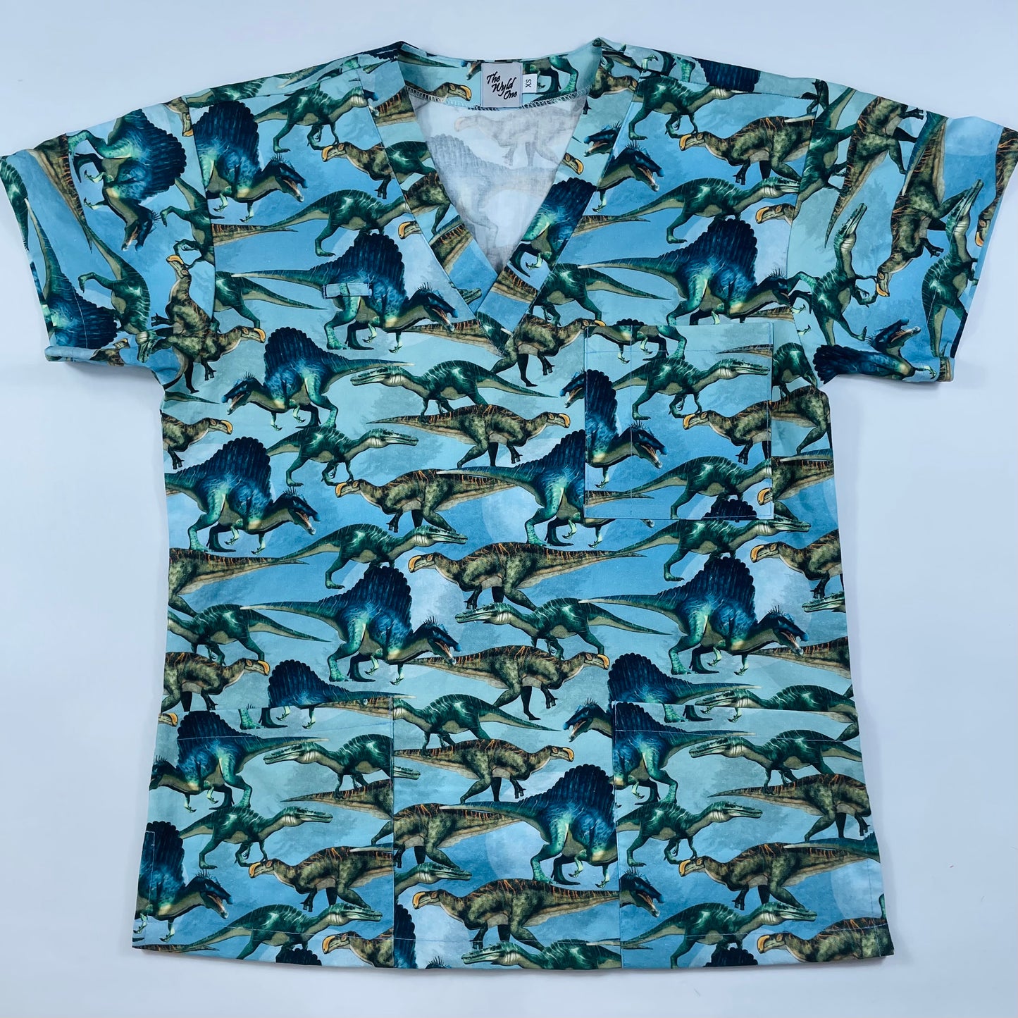 Dinos on Blue Fun Scrub Top - last one Relaxed fit XS!