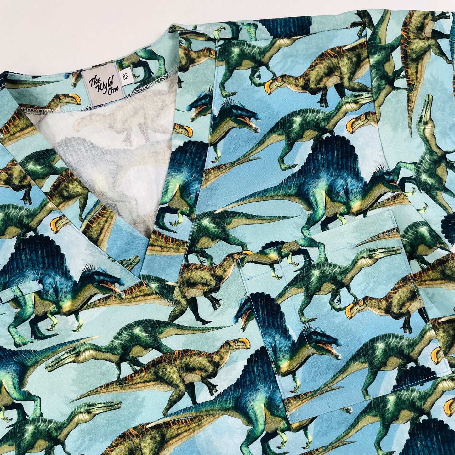 Dinos on Blue Fun Scrub Top - last one Relaxed fit XS!