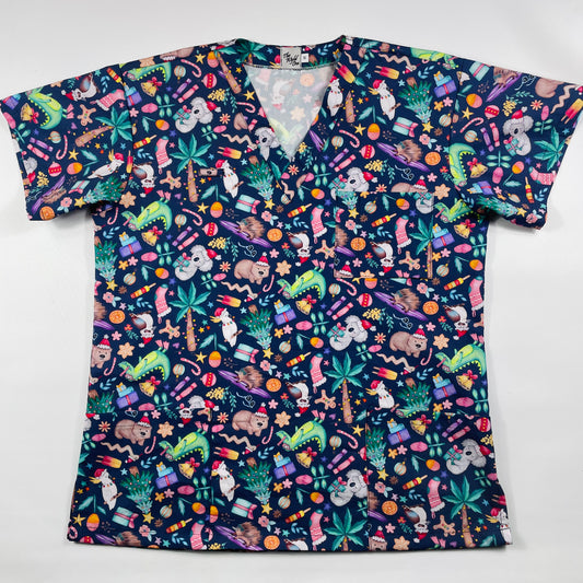 PREORDER - Round 1 - An Aussie Christmas Navy Fun Scrub Top - shipping late October
