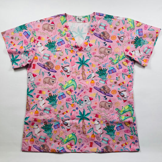 PREORDER - Round 1 - An Aussie Christmas Pink Fun Scrub Top - shipping late October