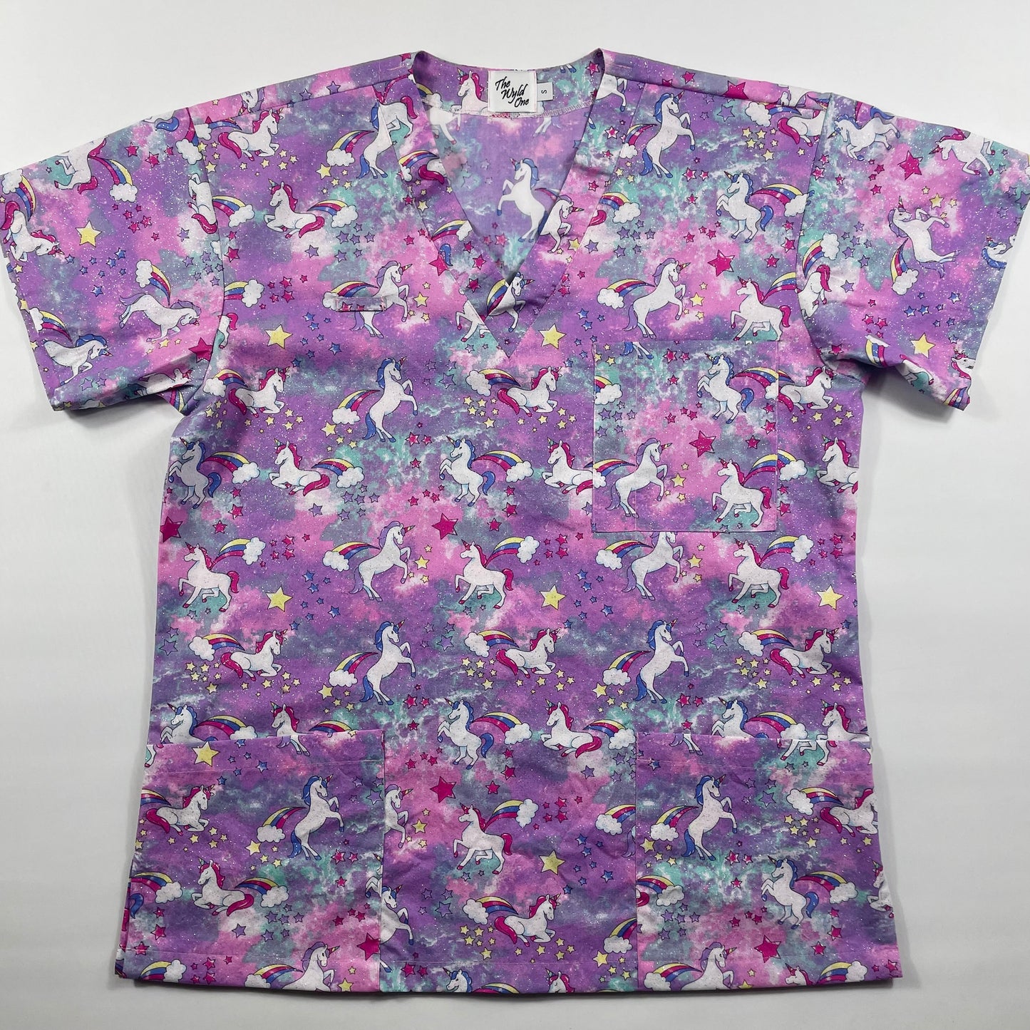 Dancing Unicorns (all over glitter) Fun Scrub Top - last one Relaxed Fit S!