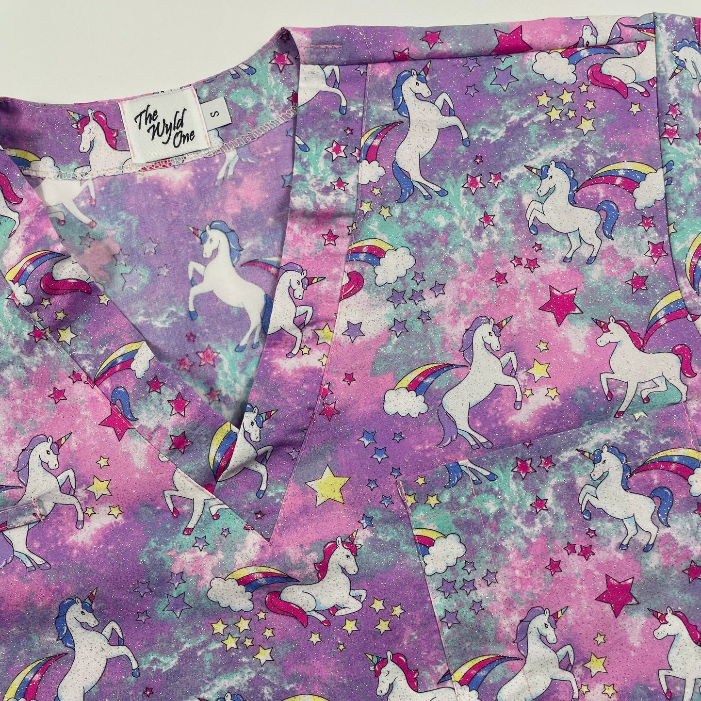 Dancing Unicorns (all over glitter) Fun Scrub Top - last one Relaxed Fit S!