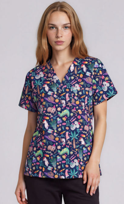 PREORDER - Round 1 - An Aussie Christmas Navy Fun Scrub Top - shipping late October