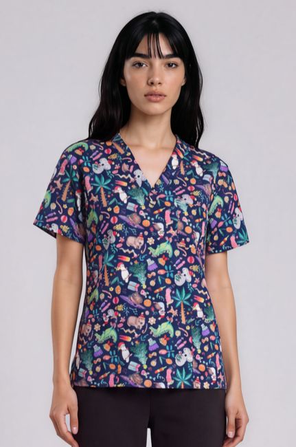 PREORDER - Round 1 - An Aussie Christmas Navy Fun Scrub Top - shipping late October