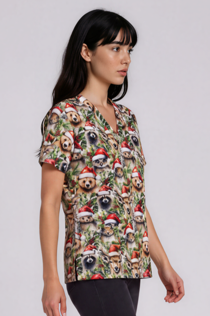 PREORDER - Round 1 - Woodland Christmas Fun Scrub Top - shipping late October