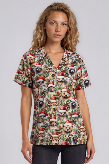 PREORDER - Round 1 - Woodland Christmas Fun Scrub Top - shipping late October