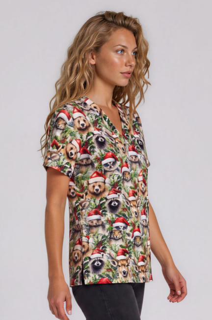 PREORDER - Round 1 - Woodland Christmas Fun Scrub Top - shipping late October