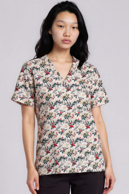 PREORDER - Round 1 - Holly & Berries Fun Scrub Top - shipping late October