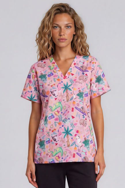 PREORDER - Round 1 - An Aussie Christmas Pink Fun Scrub Top - shipping late October