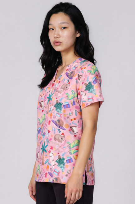 PREORDER - Round 1 - An Aussie Christmas Pink Fun Scrub Top - shipping late October