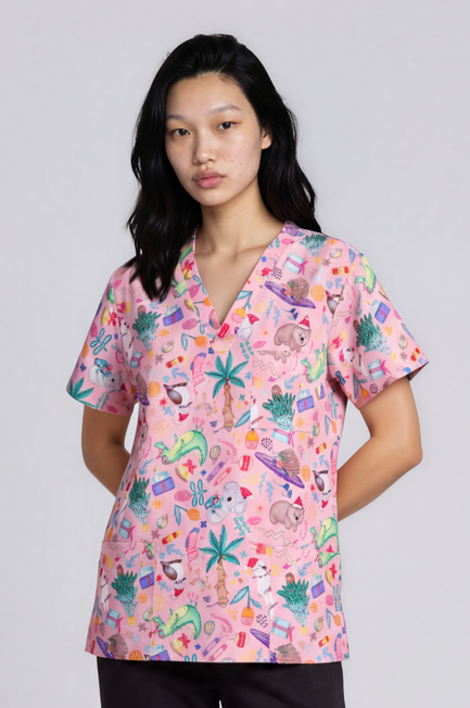 PREORDER - Round 1 - An Aussie Christmas Pink Fun Scrub Top - shipping late October