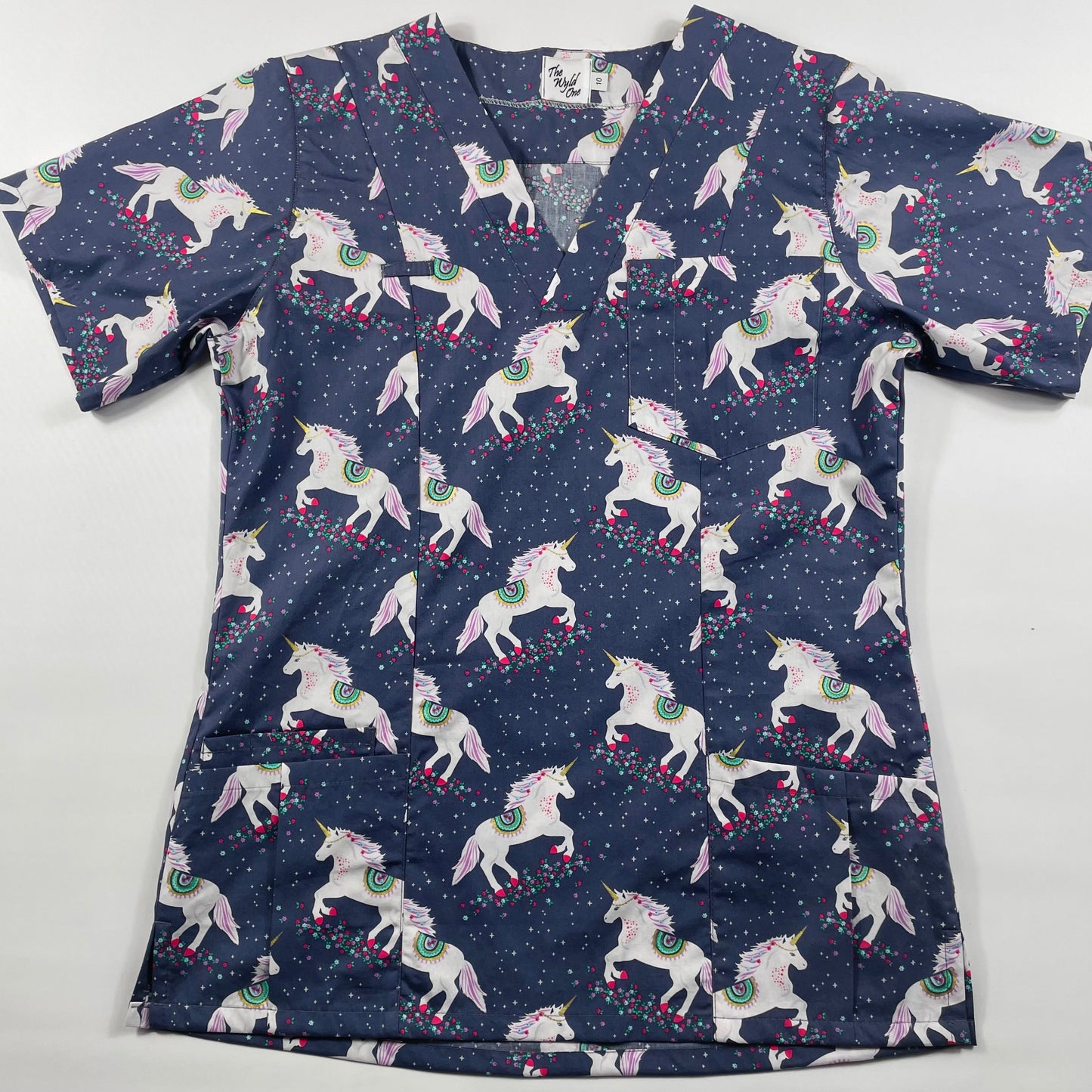 Unicorn Sparkle with glitter Fun Scrub Top - last one Princess seam 8, 10 & 12!