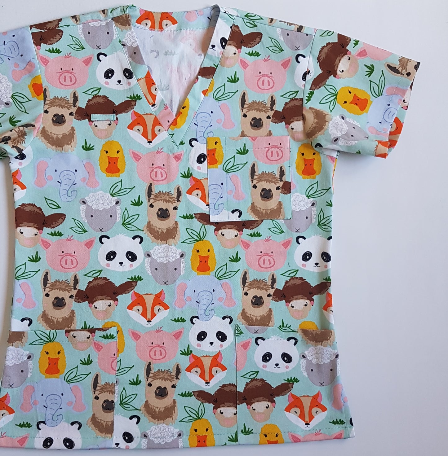 Teal Animal Friends Fun Scrub Top - relaxed fit XS & M, Princess seam 6 & 10!