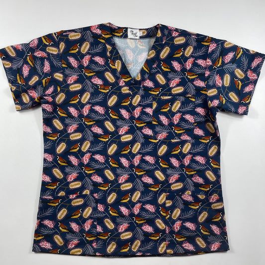 Birds & Grevilleas Fun Scrub Top - last sizes Princess Seam 6 & 10 & relaxed fit XS!